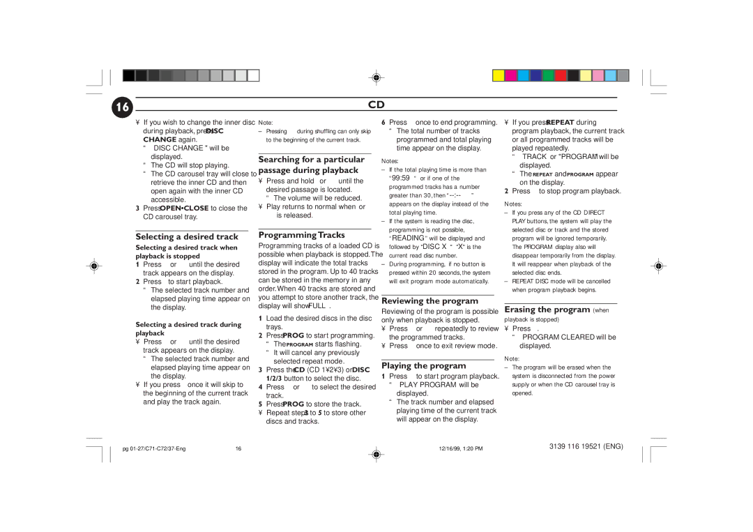 Philips FW-C72 manual Selecting a desired track, Programming Tracks, Reviewing the program, Playing the program 