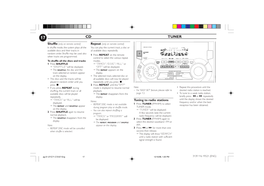 Philips FW-C72 manual Tuner, Tuning to radio stations 