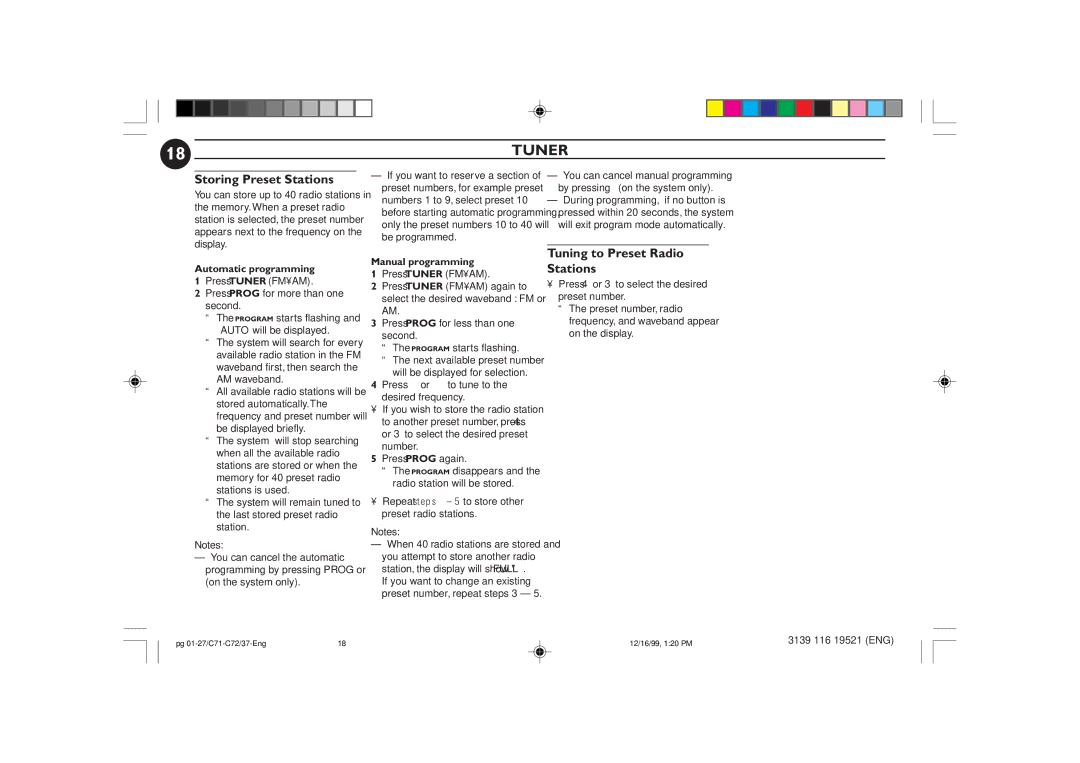 Philips FW-C72 manual Storing Preset Stations, Tuning to Preset Radio Stations, Automatic programming, Manual programming 