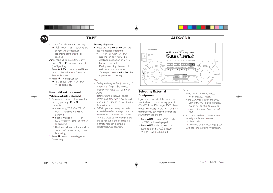 Philips FW-C72 manual 20TAPE AUX/CDR, Rewind/Fast Forward, Selecting External Equipment, During playback 