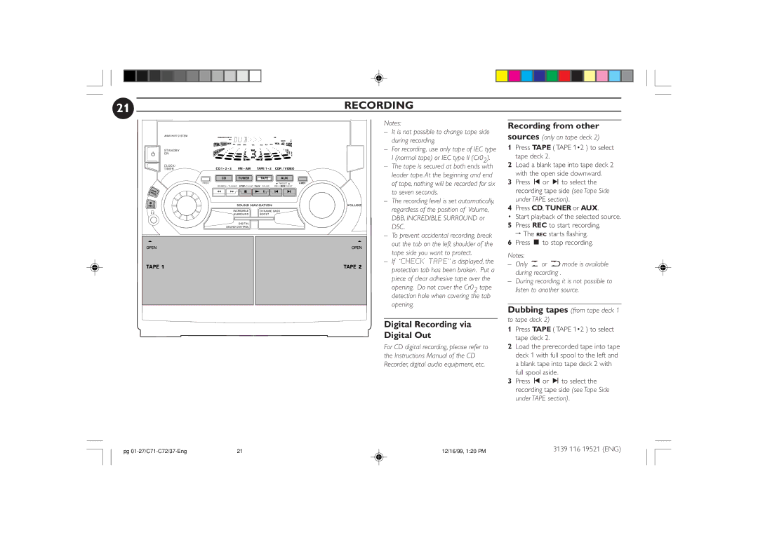 Philips FW-C72 manual Digital Recording via Digital Out, It is not possible to change tape side during recording 