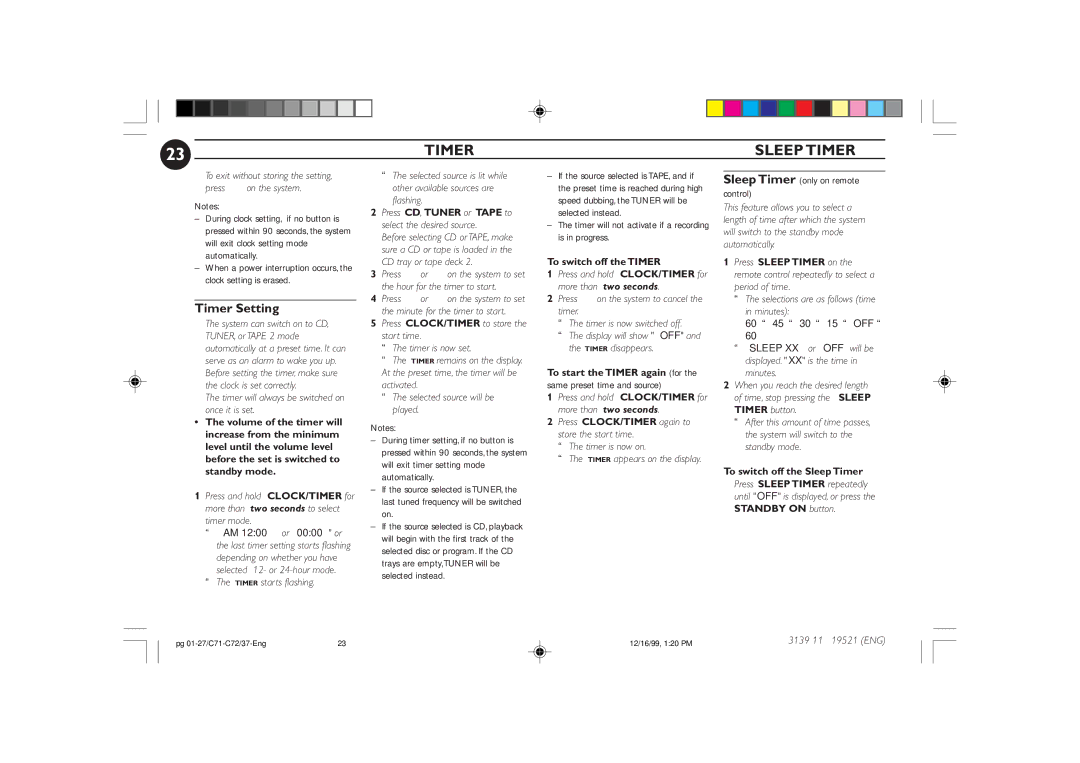 Philips FW-C72 manual Timer Setting 