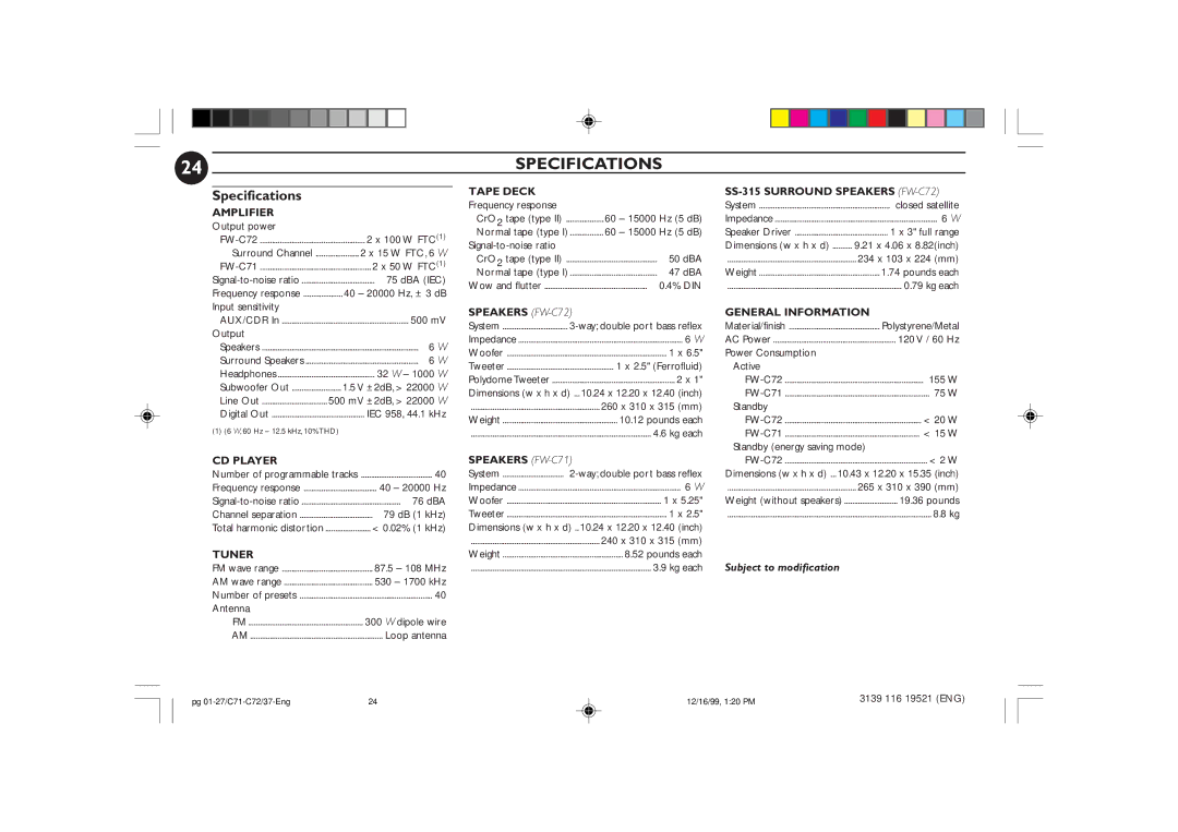 Philips FW-C72 manual Specifications 