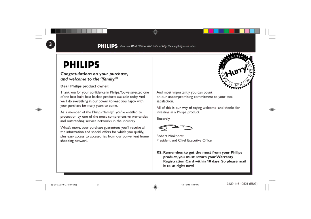 Philips FW-C72 manual Congratulations on your purchase, and welcome to the family, Dear Philips product owner 