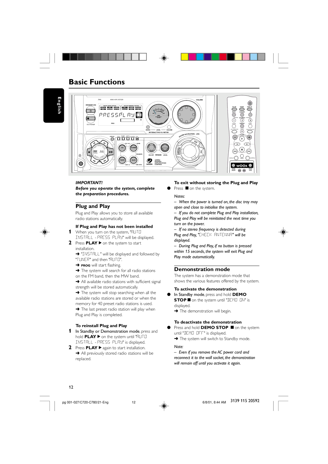 Philips FW-C720, FW-C780 manual Basic Functions, Plug and Play, Demonstration mode 