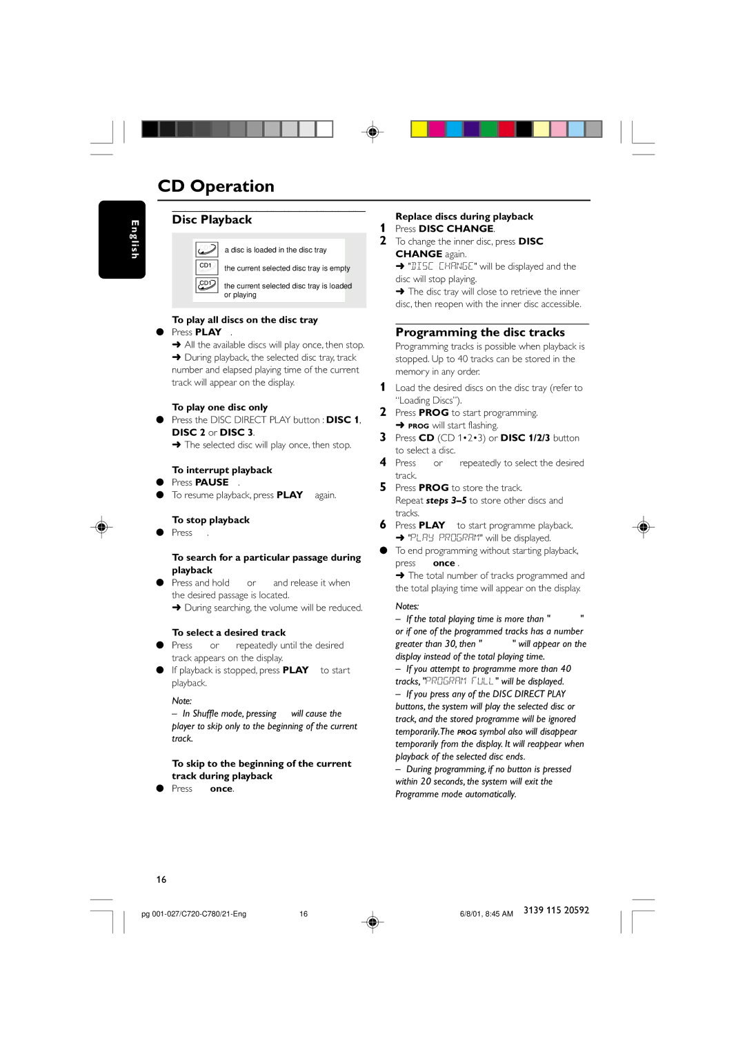 Philips FW-C720, FW-C780 manual Disc Playback, Programming the disc tracks 