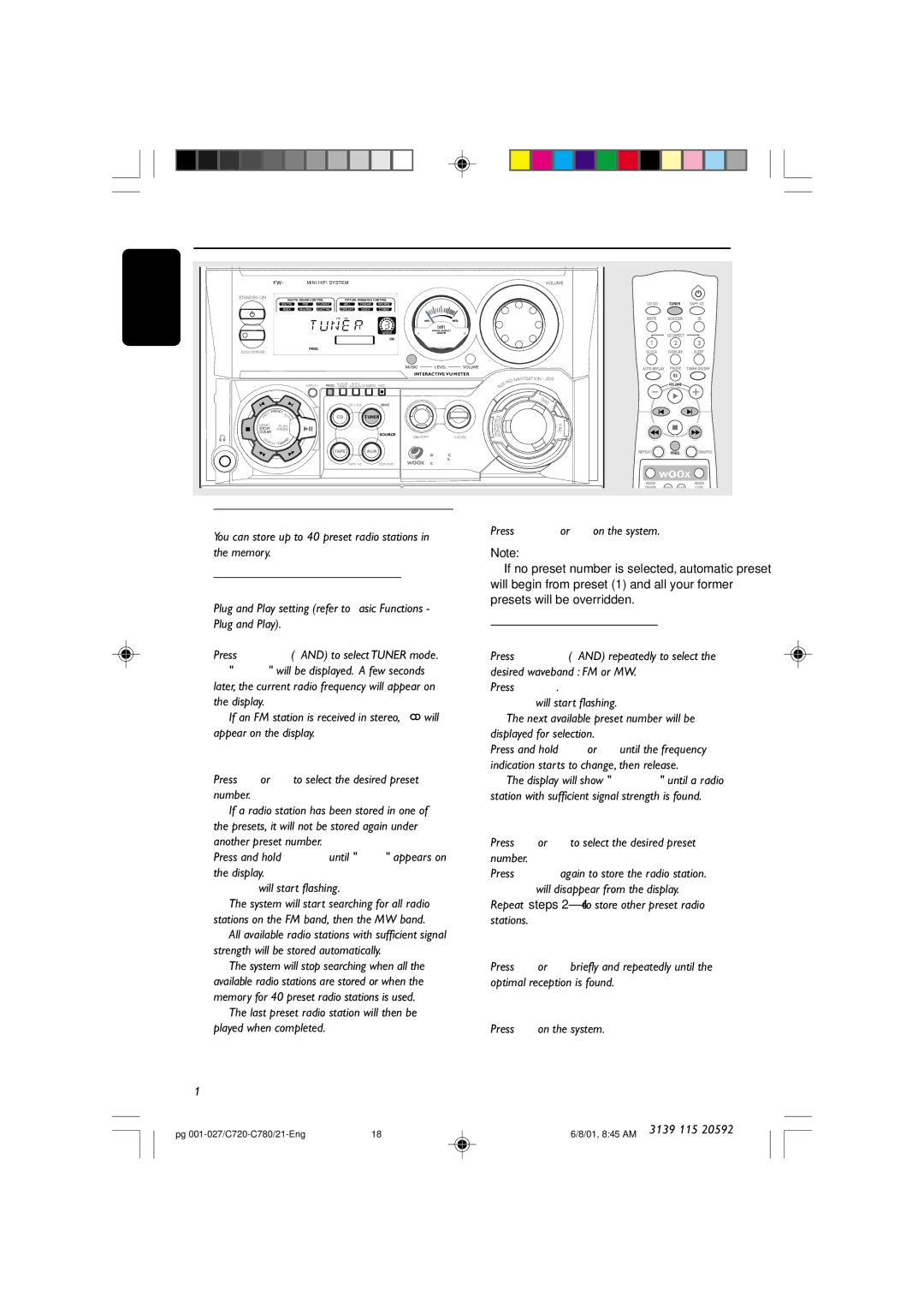 Philips FW-C720, FW-C780 manual Radio Reception, Storing Preset Radio Stations 