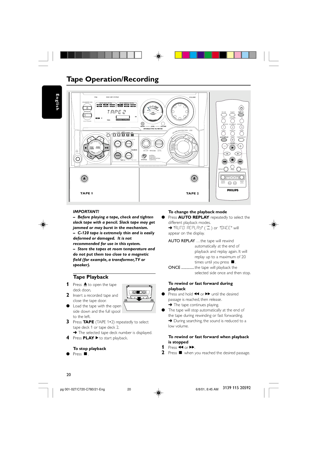 Philips FW-C720, FW-C780 manual Tape Operation/Recording, Tape Playback, To change the playback mode 