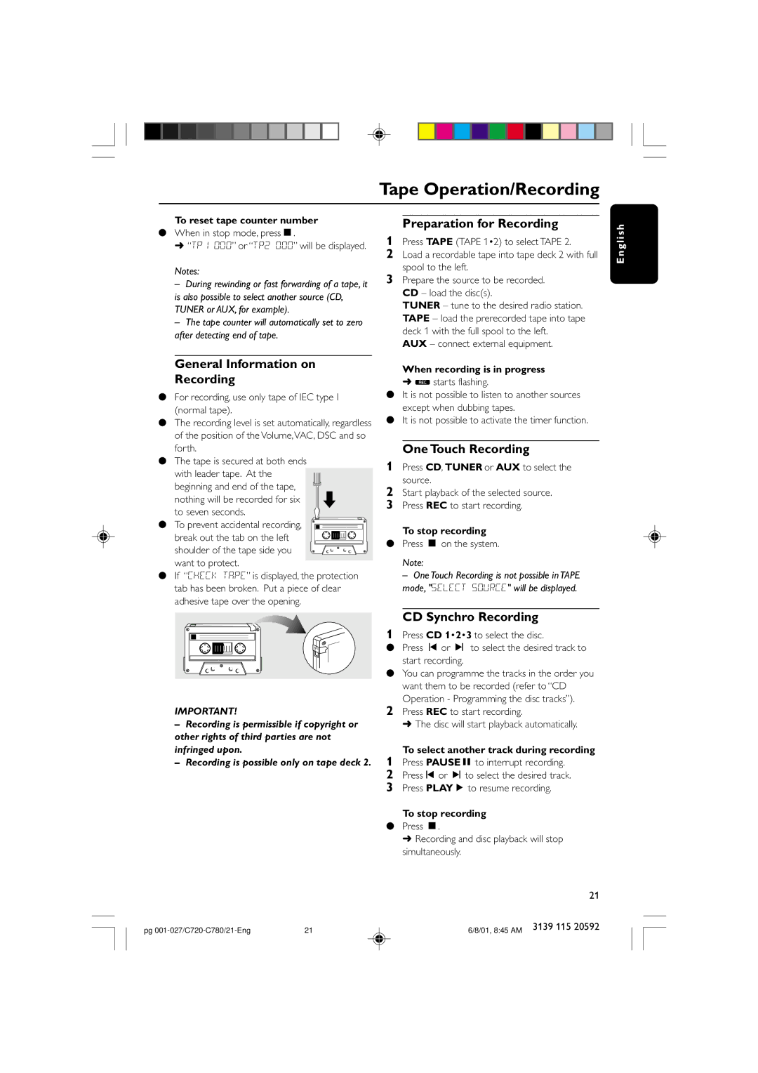 Philips FW-C780 General Information on Recording, Preparation for Recording, One Touch Recording, CD Synchro Recording 