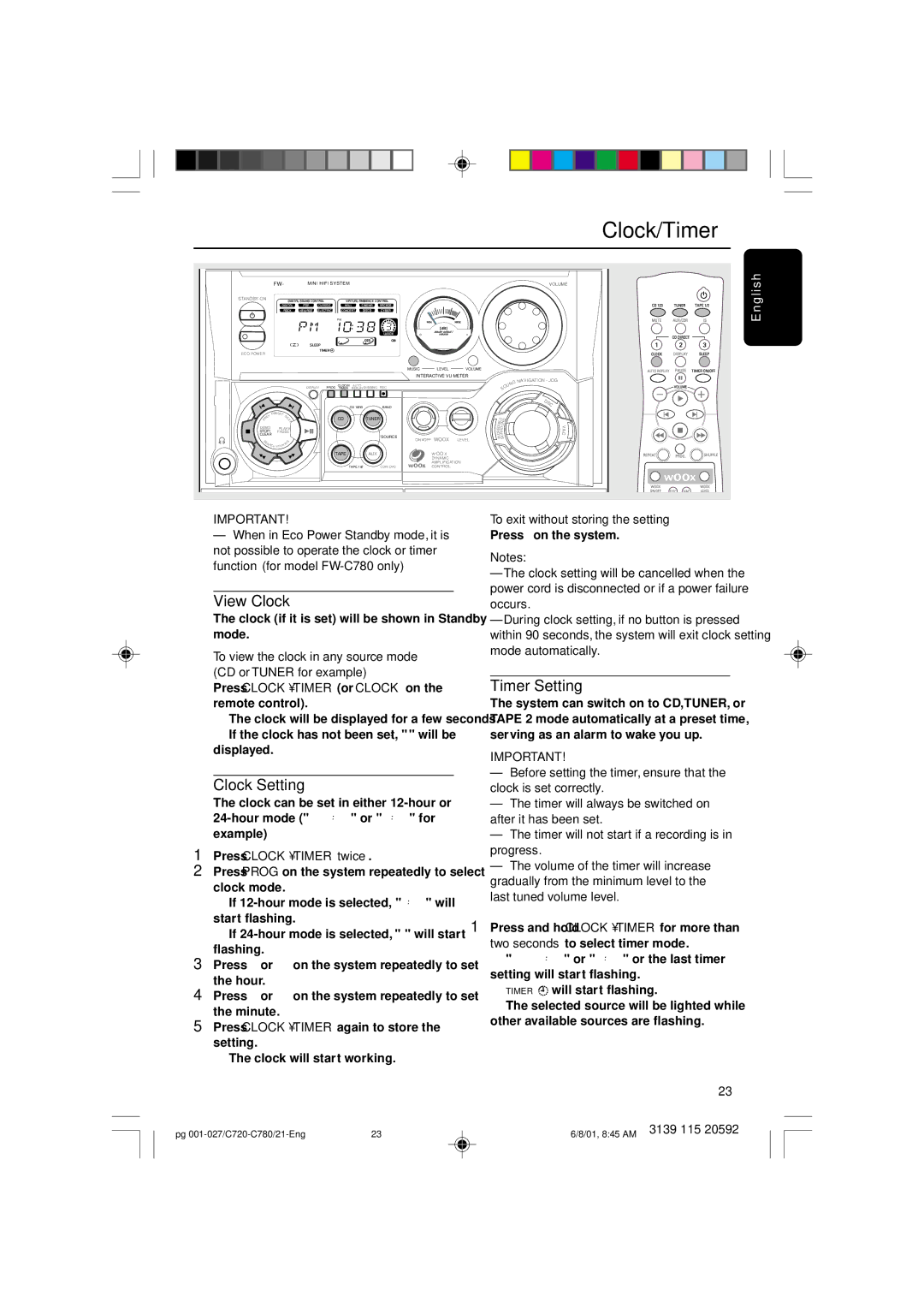 Philips FW-C780 View Clock, Clock Setting, Timer Setting, Press Clocktimer twice, To exit without storing the setting 