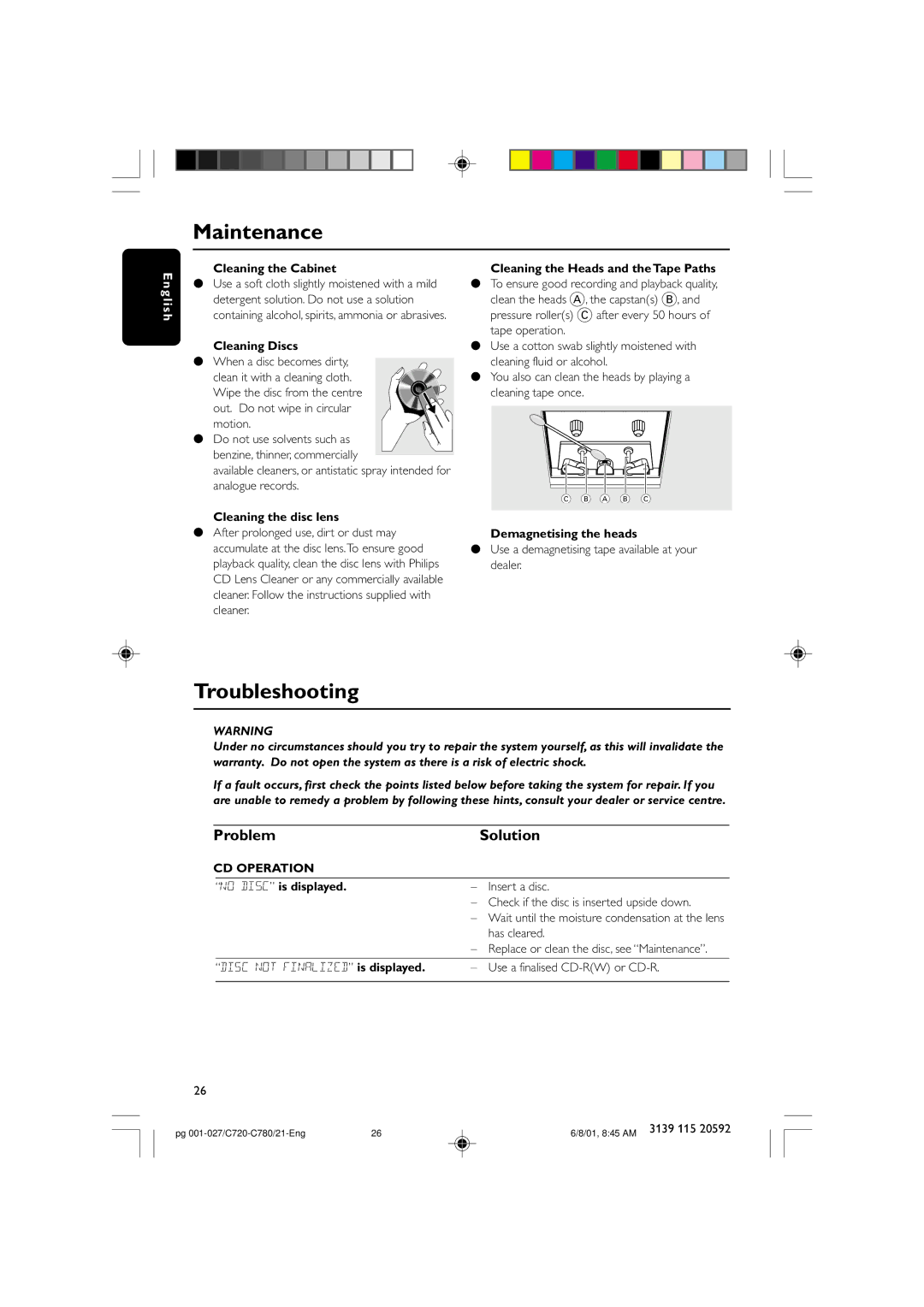 Philips FW-C720, FW-C780 manual Maintenance, Troubleshooting, Problem Solution, CD Operation 