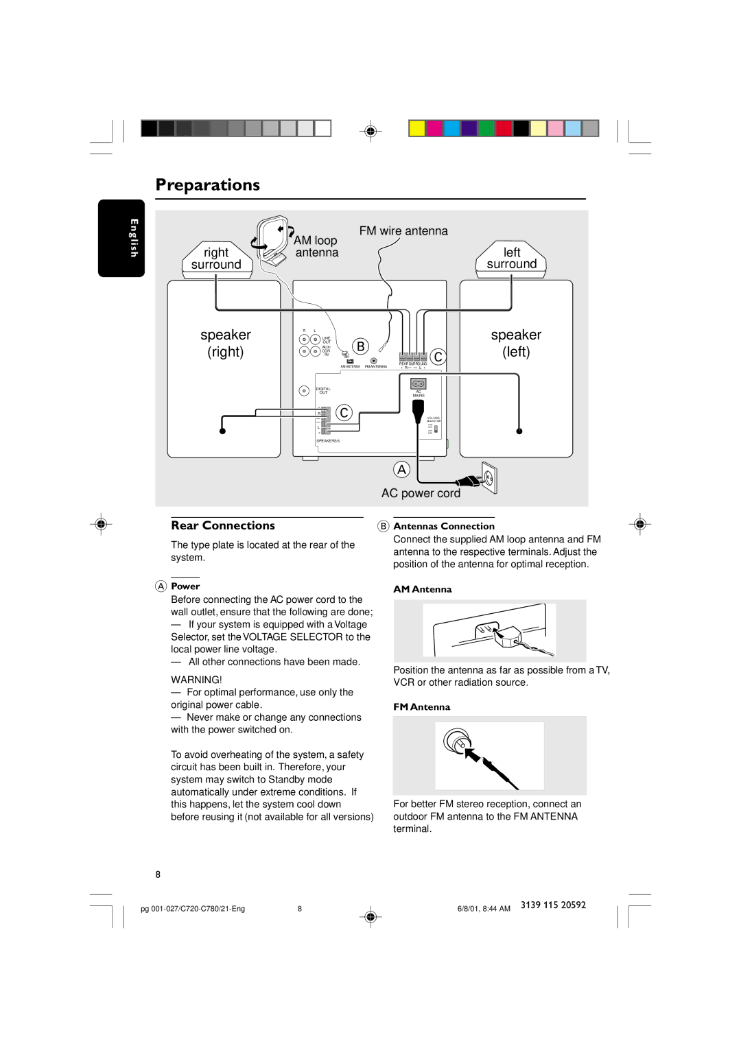 Philips FW-C720, FW-C780 manual Preparations, Antennas Connection, Power, AM Antenna, FM Antenna 