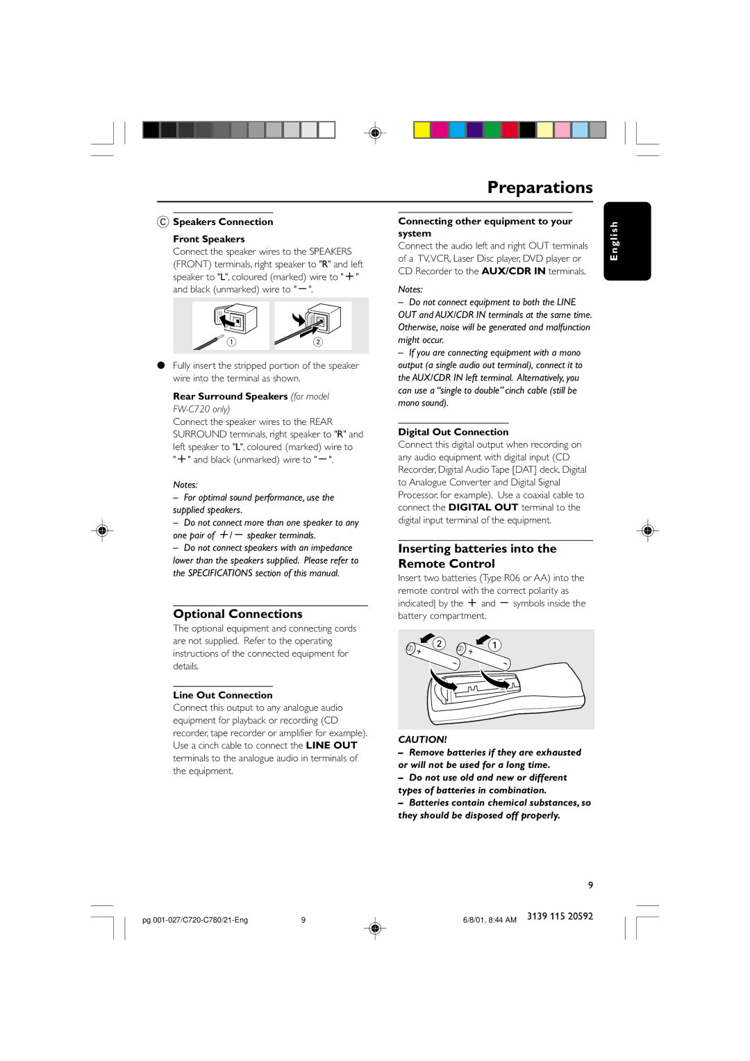 Philips FW-C780, FW-C720 manual Optional Connections, Inserting batteries into the Remote Control 