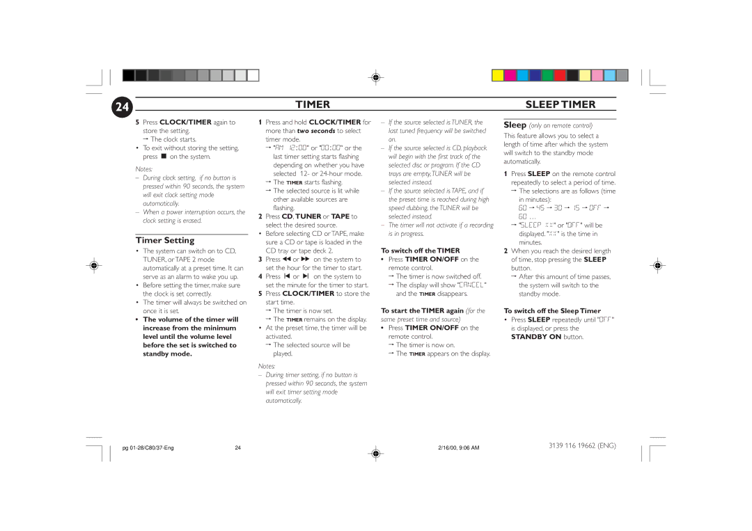 Philips FW-C80 manual Timer Sleep Timer, Timer Setting, Timer will not activate if a recording is in progress 