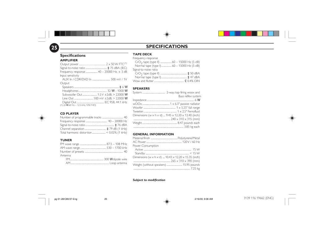 Philips FW-C80 manual Specifications 