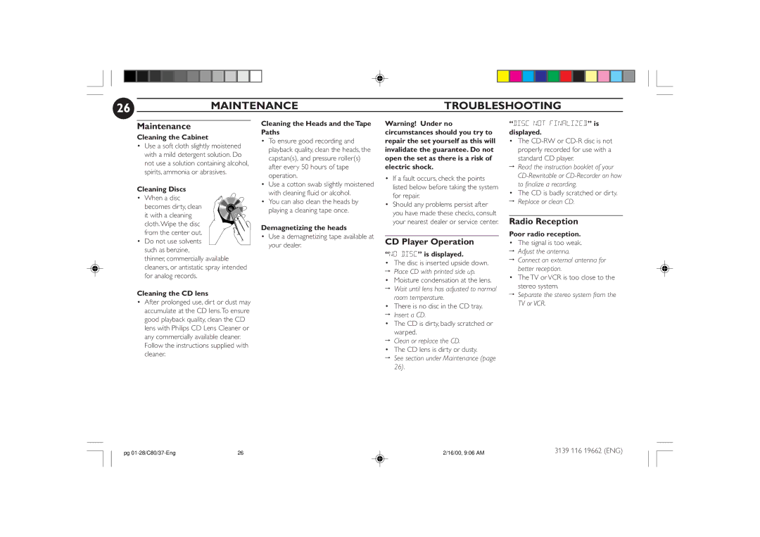 Philips FW-C80 manual Maintenance Troubleshooting, CD Player Operation, Radio Reception 