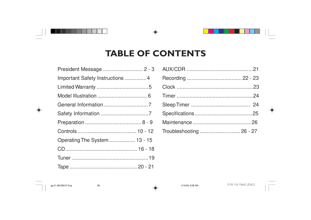 Philips FW-C80 manual Table of Contents 