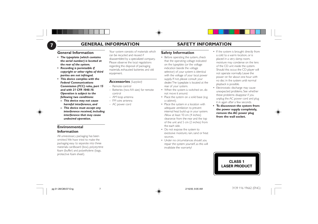 Philips FW-C80 manual General Information Safety Information, Environmental Information, Accessories Supplied 