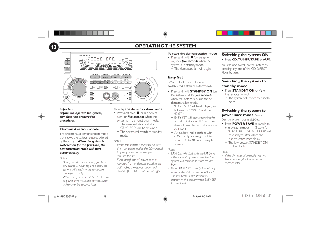 Philips FW-C85 manual Operating the System 