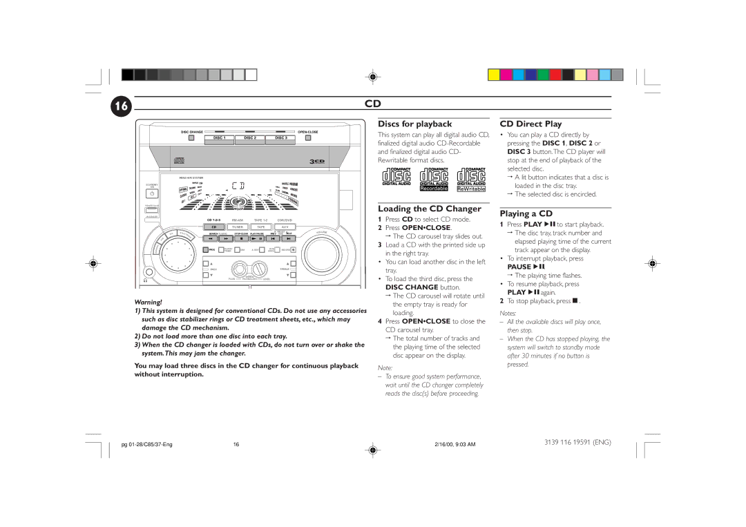 Philips FW-C85 manual Discs for playback, CD Direct Play, Loading the CD Changer, Playing a CD, Press Openclose 