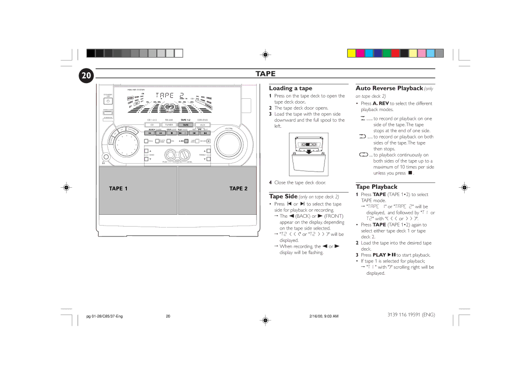 Philips FW-C85 manual Tape Playback, Tape Side only on tape deck, On tape deck 