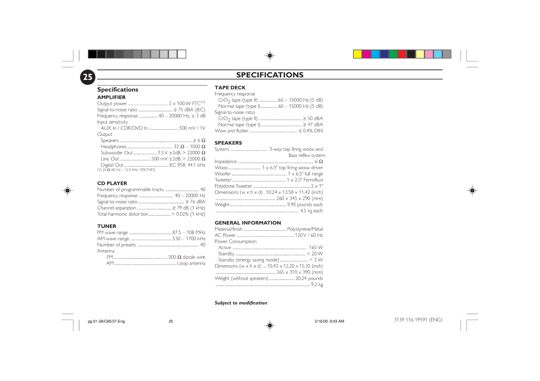 Philips FW-C85 manual Specifications 