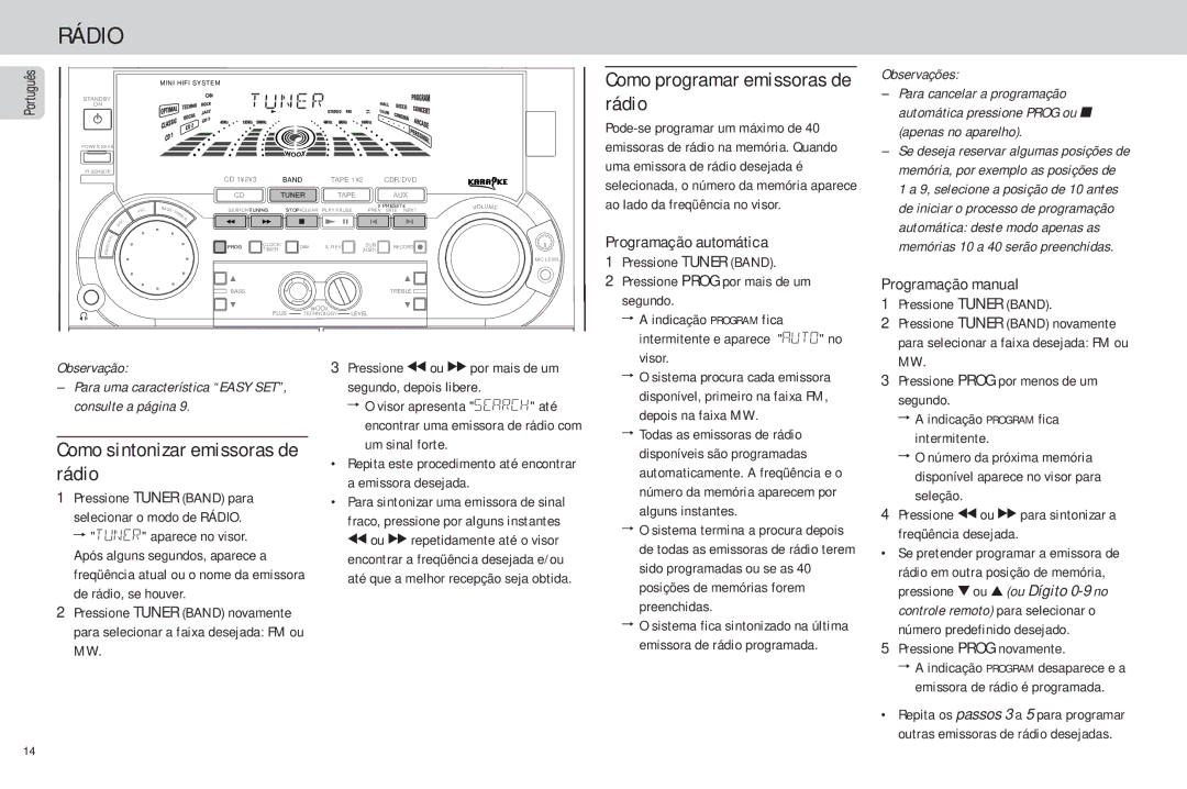 Philips FW-C85 manual Rádio, Como programar emissoras de rádio, Como sintonizar emissoras de rádio, Programação automática 