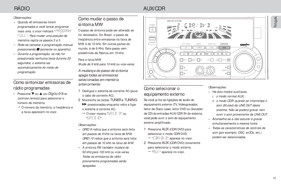 Philips FW-C85 manual Como mudar o passo de sintonia MW, Como sintonizar emissoras de rádio programadas 