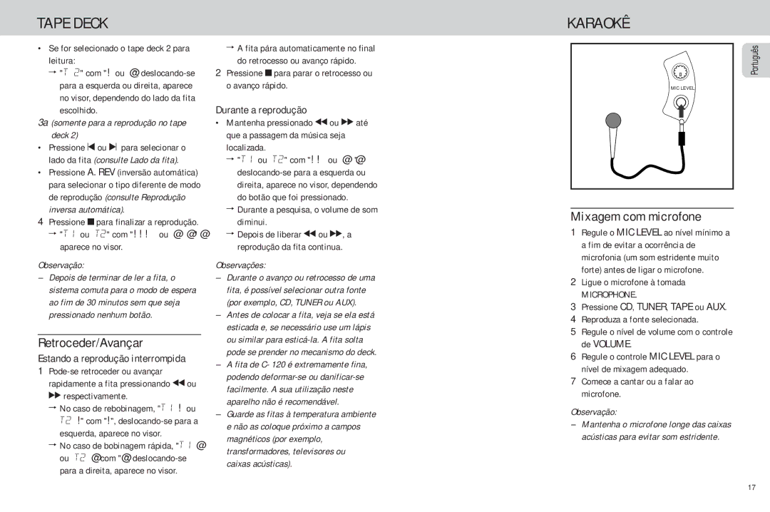 Philips FW-C85 manual Tape Deck, Karaokê, Retroceder/Avançar, Mixagem com microfone, Durante a reprodução 