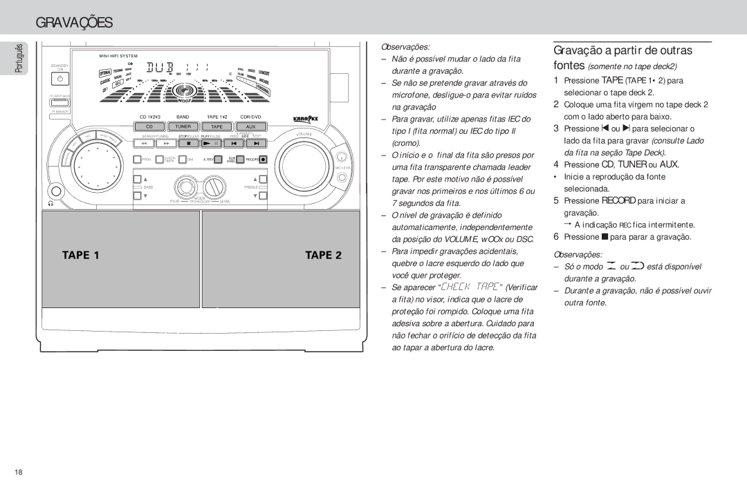 Philips FW-C85 manual Gravações, Gravação a partir de outras fontes 