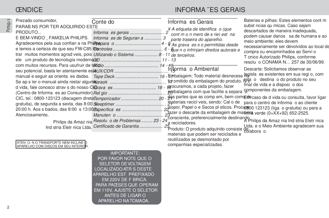 Philips FW-C85 manual Índice Informações Gerais, Conteúdo, Informação Ambiental, Parabéns POR TER Adquirido Este Produto 