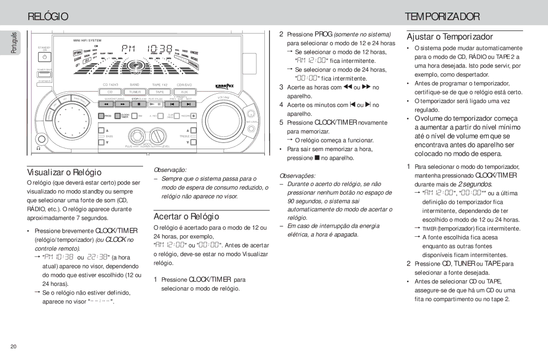 Philips FW-C85 manual Ajustar o Temporizador, Visualizar o Relógio, Acertar o Relógio 