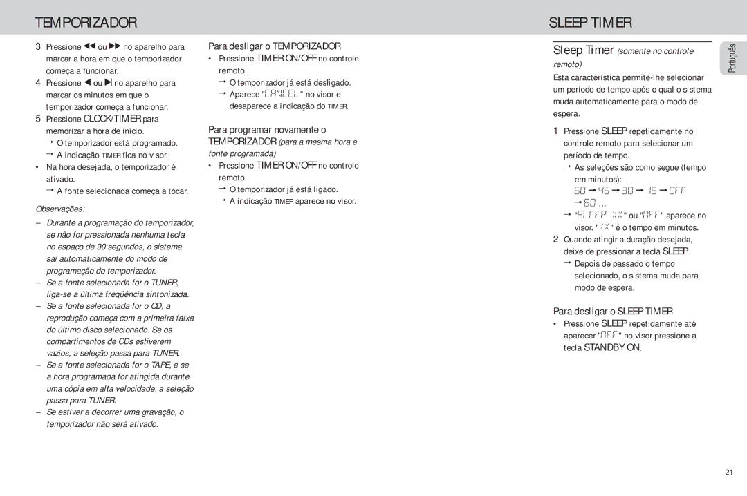 Philips FW-C85 manual Para desligar o Temporizador, Para desligar o Sleep Timer 