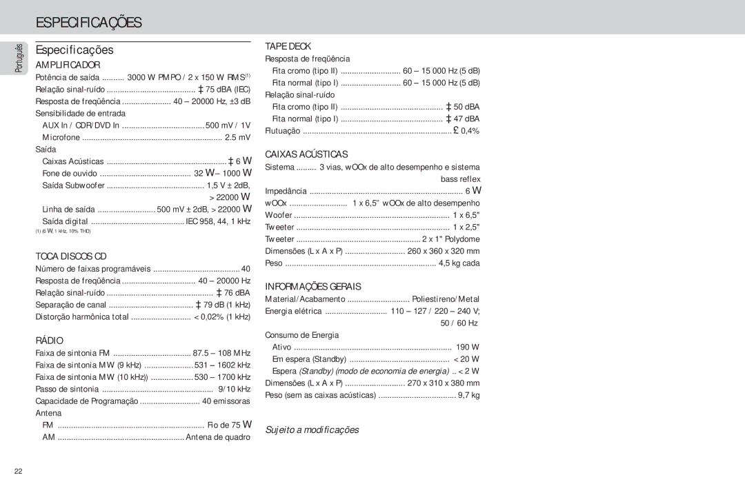 Philips FW-C85 manual Especificações 