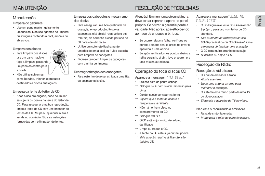 Philips FW-C85 manual Manutenção Resolução DE Problemas, Operação do toca discos CD, Recepção de Rádio 