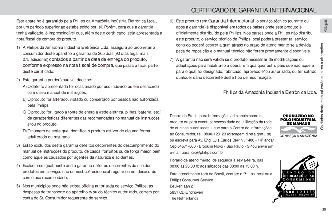 Philips FW-C85 manual Certificado DE Garantia Internacional, Philips Consumer Service Beukenlaan CD Eindhoven Netherlands 