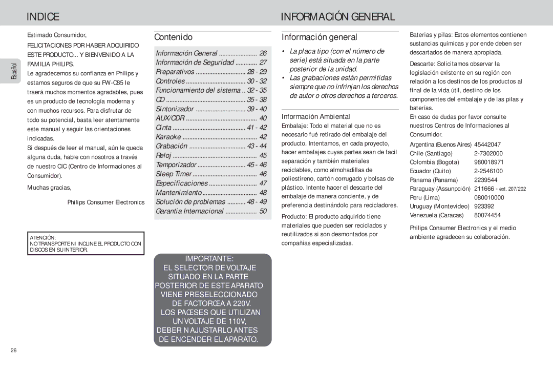 Philips FW-C85 manual Indice, Información General, Información general, Información Ambiental 