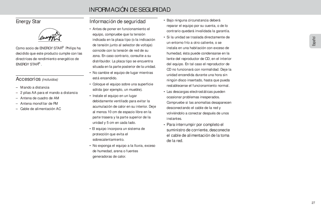 Philips FW-C85 manual Información DE Seguridad, Accesorios incluidos, Información de seguridad, Energy Starr 