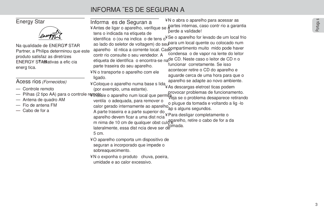 Philips FW-C85 manual Informações DE Segurança, Energy Star, Informações de Segurança, Acessórios Fornecidos 