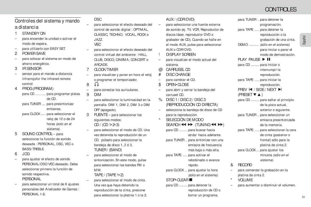 Philips FW-C85 manual Controles del sistema y mando a distancia 