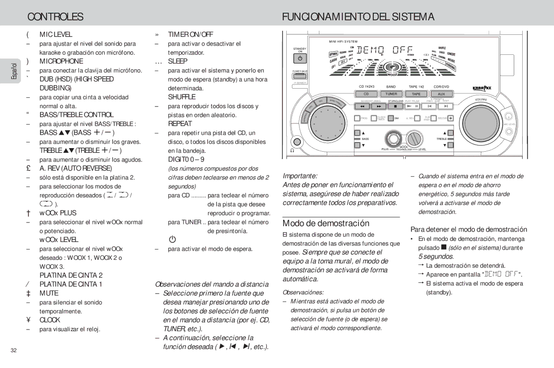 Philips FW-C85 manual Modo de demostración, DUB HSD High Speed Dubbing, REV Auto Reverse 