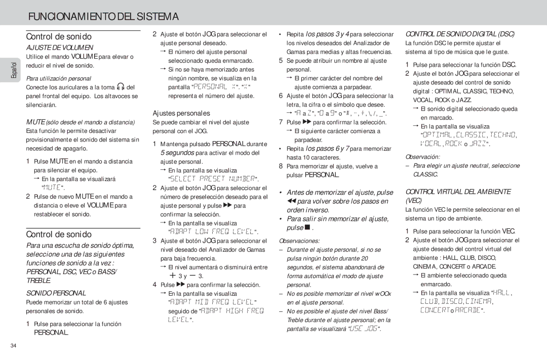 Philips FW-C85 manual Funcionamiento DEL Sistema, Control de sonido, Para utilización personal, Ajustes personales 