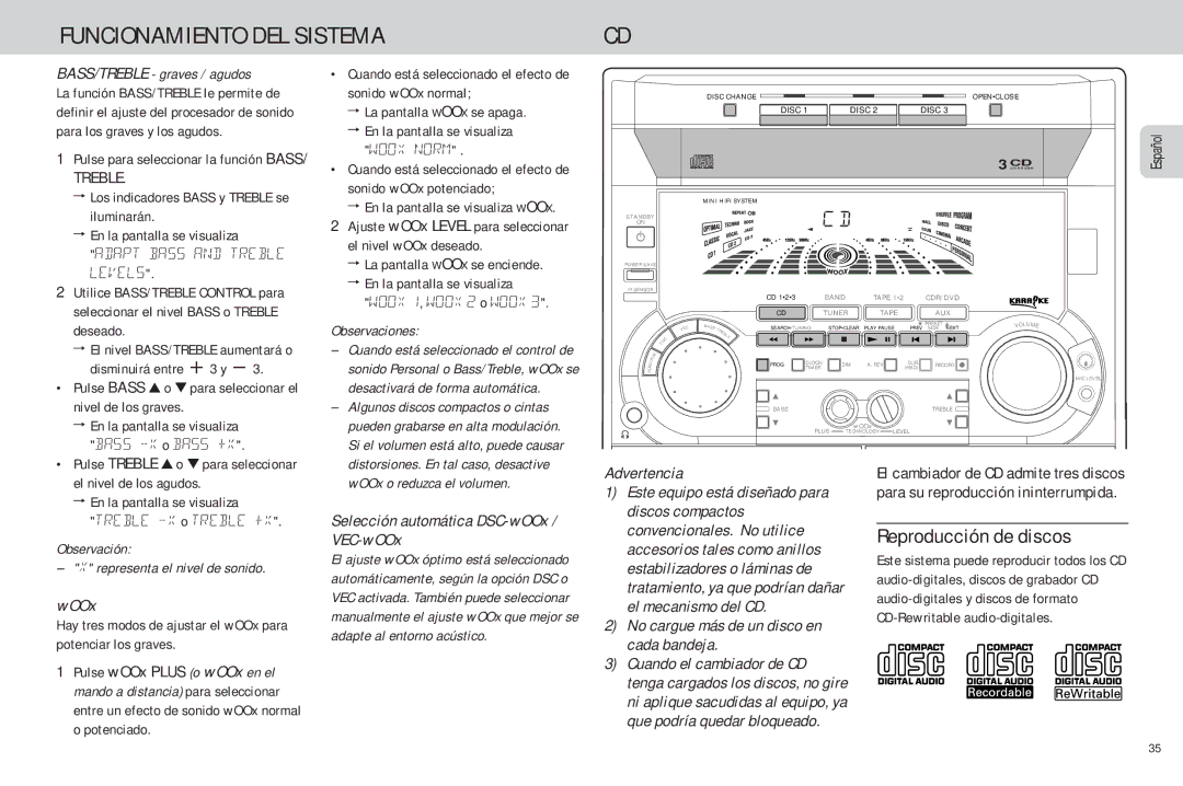 Philips FW-C85 manual Reproducción de discos, BASS/TREBLE graves / agudos, Adapt Bass and Treble Levels 