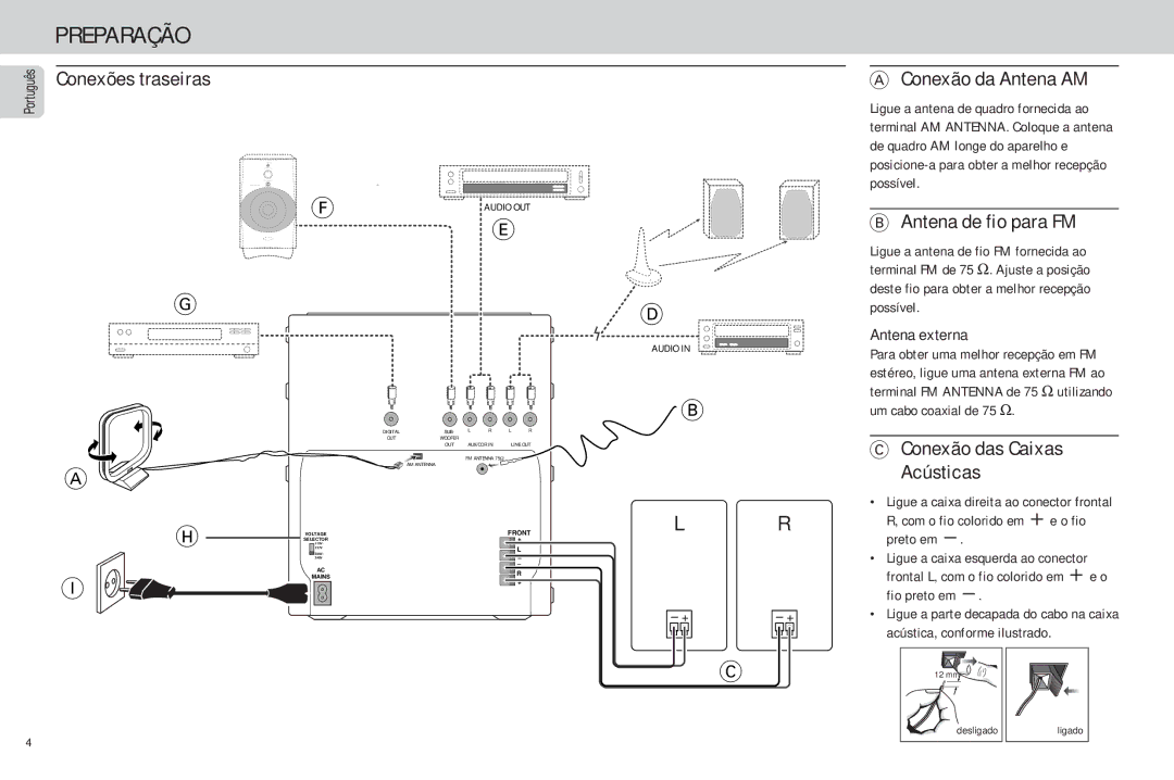 Philips FW-C85 manual Preparação, Conexão da Antena AM, Antena de fio para FM, Conexão das Caixas Acústicas, Antena externa 