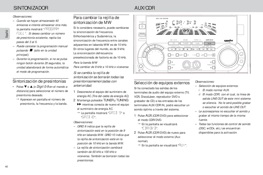 Philips FW-C85 manual Para cambiar la rejilla de sintonización de MW, Sintonización de presintonías, Para la banda MW 