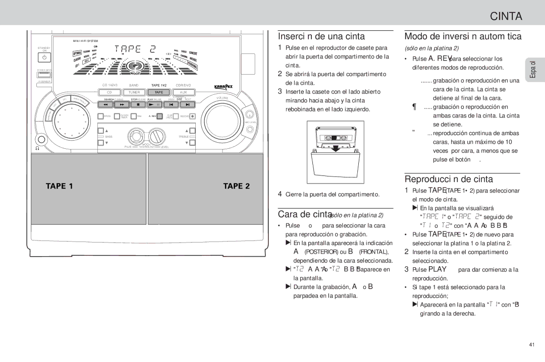 Philips FW-C85 Cinta, Inserción de una cinta, Reproducción de cinta, Modo de inversión automática, Sólo en la platina 