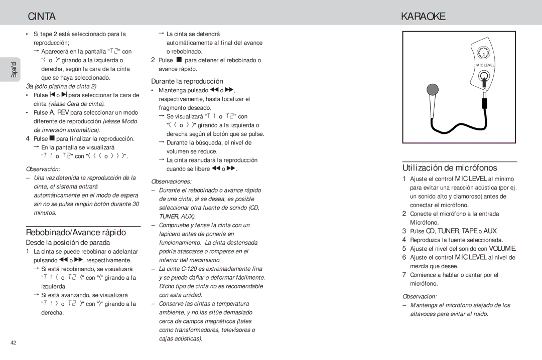 Philips FW-C85 manual Karaoke, Rebobinado/Avance rápido, Utilización de micrófonos, 3a sólo platina de cinta, Observacion 