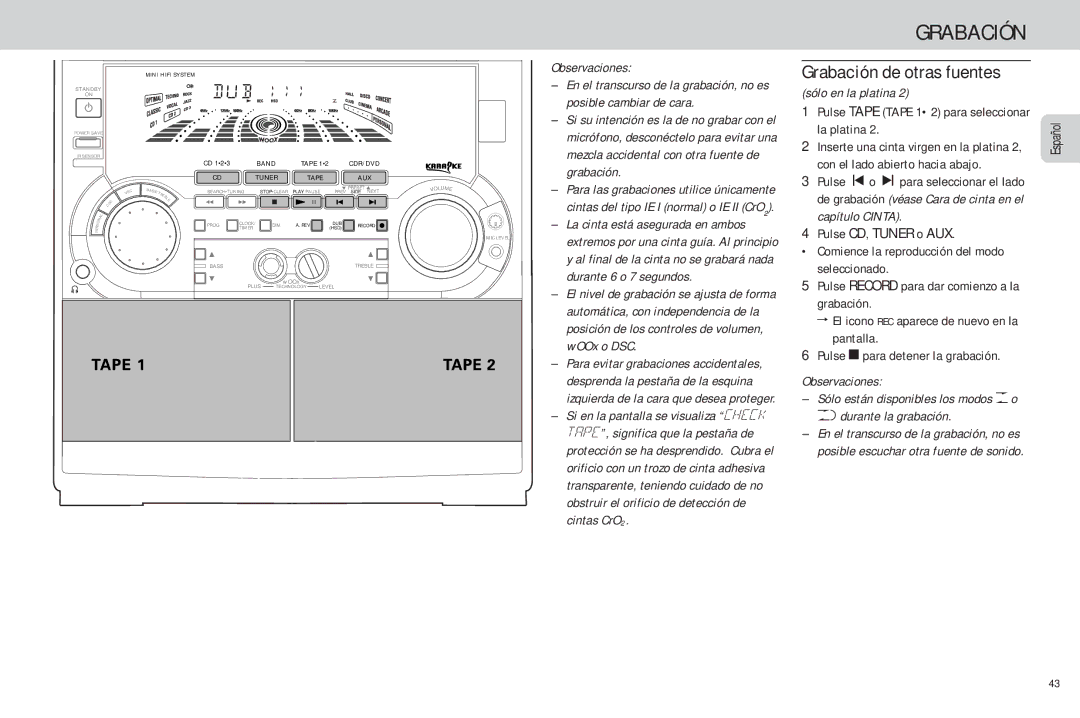 Philips FW-C85 manual Grabación de otras fuentes, Pulse Tape Tape 12 para seleccionar la platina 