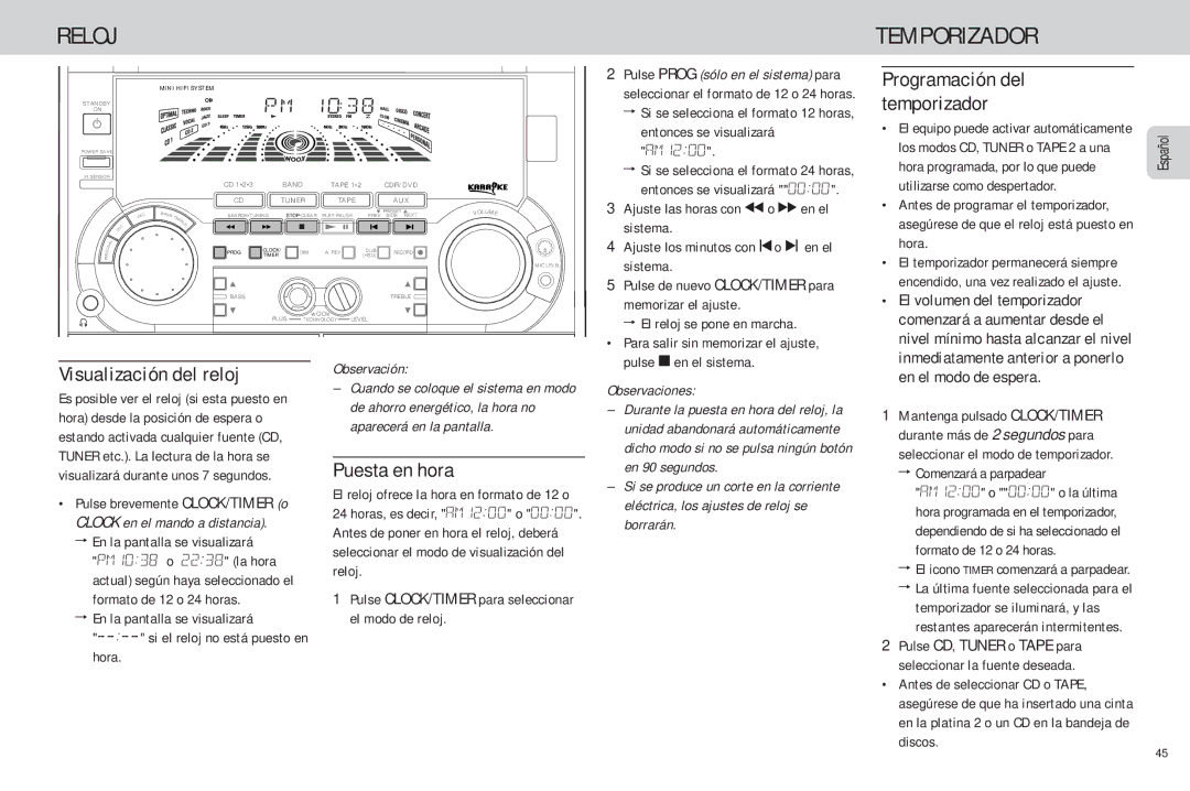 Philips FW-C85 manual Reloj, Visualización del reloj, Puesta en hora, Programación del temporizador 