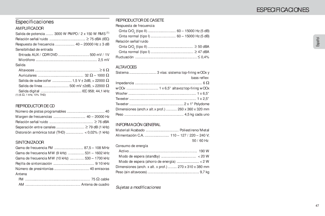 Philips FW-C85 manual Especificaciones 